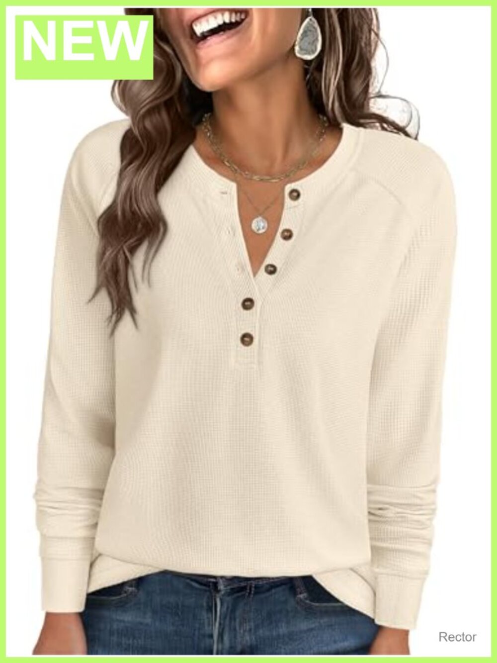 Waffle Knit Henley Top Long Sleeve V-Neck Loose Fit Casual Shirt